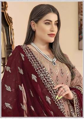 PeachDesigner Embroidery WorkFaux GeorgetteSemistichedLong Length KameezPantparty wear salwarsuit 2