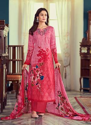 PinkDesigner Printed,Embroidery WorkAirjet Jaam SatinSemistichedLong Length KameezPantparty wear salwarsuit 1