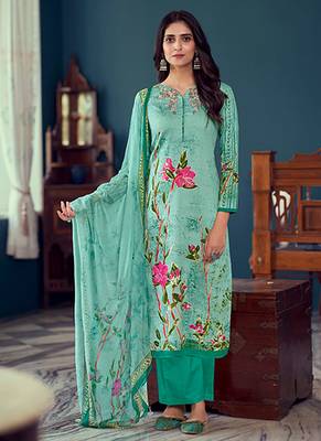 Sea GreenDesigner Printed,Embroidery WorkAirjet Jaam SatinSemistichedLong Length KameezPantparty wear salwarsuit 1