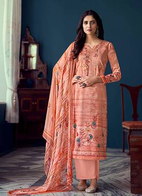 PeachDesigner Printed,Embroidery WorkAirjet Jaam SatinSemistichedLong Length KameezPantparty wear salwarsuit 1