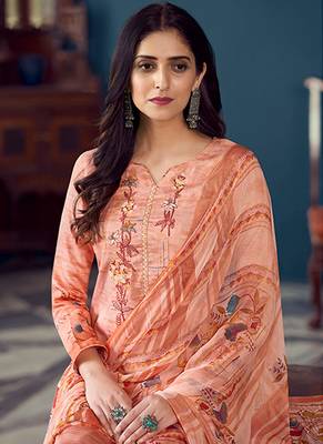 PeachDesigner Printed,Embroidery WorkAirjet Jaam SatinSemistichedLong Length KameezPantparty wear salwarsuit 2
