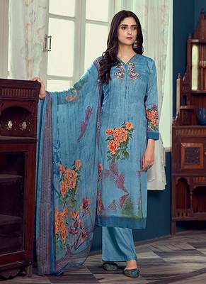 BlueDesigner Printed,Embroidery WorkAirjet Jaam SatinSemistichedLong Length KameezPantparty wear salwarsuit 1