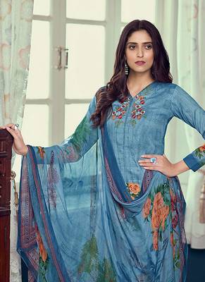 BlueDesigner Printed,Embroidery WorkAirjet Jaam SatinSemistichedLong Length KameezPantparty wear salwarsuit 2