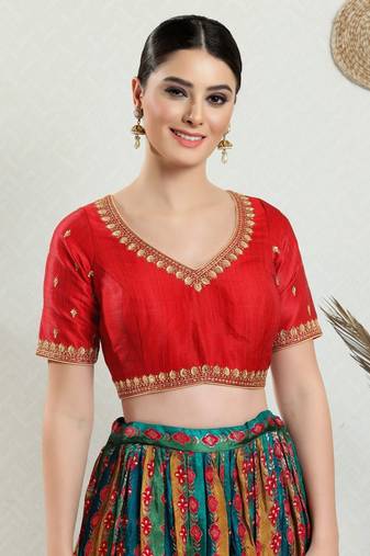 Salwar Studio Women's Red Embroidered Saree Blouse