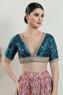 Salwar Studio Women's Teal Embroidered Saree Blouse 1
