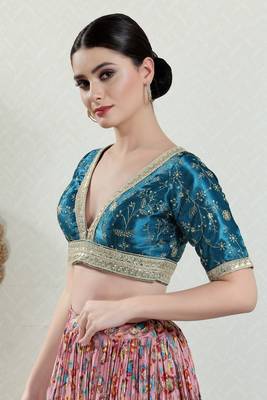 Salwar Studio Women's Teal Embroidered Saree Blouse 2