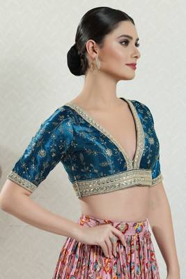 Salwar Studio Women's Teal Embroidered Saree Blouse 3