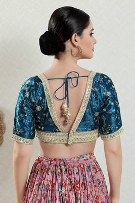 Salwar Studio Women's Teal Embroidered Saree Blouse 4