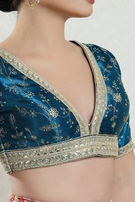 Salwar Studio Women's Teal Embroidered Saree Blouse 5