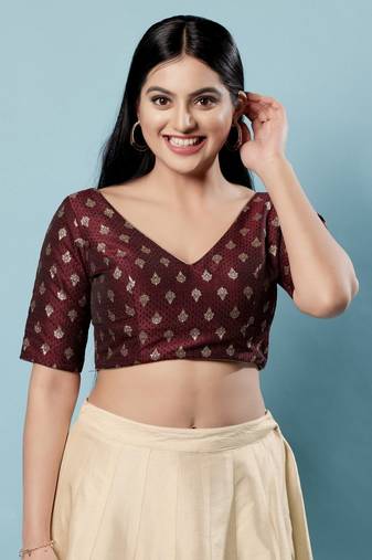 Salwar Studio Women's Maroon Woven Design Saree Blouse