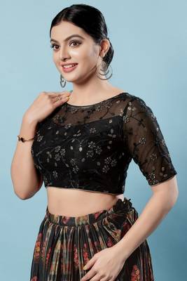 Salwar Studio Women's Black Embroidered Saree Blouse 2