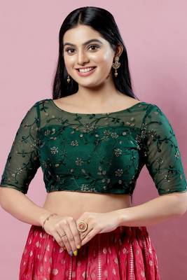 Salwar Studio Women's Green Embroidered Saree Blouse 1