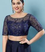 Salwar Studio Women's Navy Blue Embroidered Saree Blouse