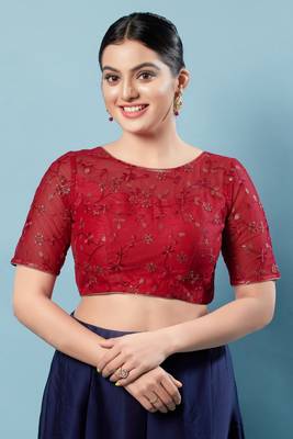 Salwar Studio Women's Red Embroidered Saree Blouse 1