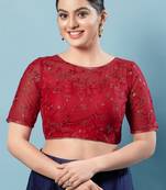 Salwar Studio Women's Red Embroidered Saree Blouse