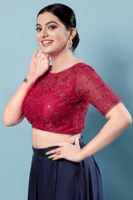 Salwar Studio Women's Red Embroidered Saree Blouse 2