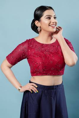 Salwar Studio Women's Red Embroidered Saree Blouse 3