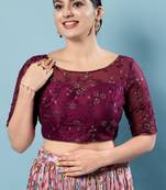 Salwar Studio Women's Wine Embroidered Saree Blouse