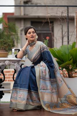 Navy blue digital printed tussar silk designer saree with blouse 2