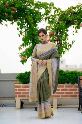 Olive digital printed tussar silk designer saree with blouse 1
