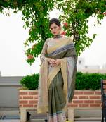 Olive digital printed tussar silk designer saree with blouse