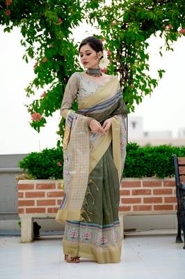 Olive digital printed tussar silk designer saree with blouse 2