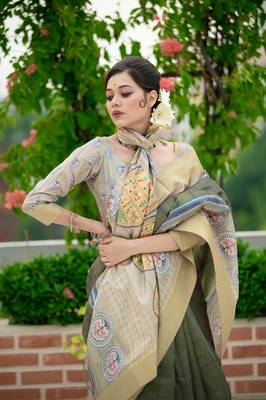 Olive digital printed tussar silk designer saree with blouse 3