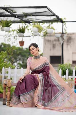 Wine digital printed tussar silk designer saree with blouse 1