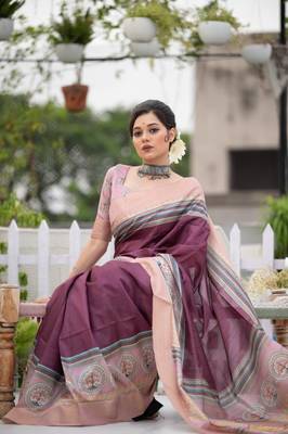 Wine digital printed tussar silk designer saree with blouse 2