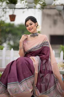 Wine digital printed tussar silk designer saree with blouse 3