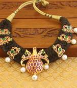 Designer black thread real kempu peacock necklace