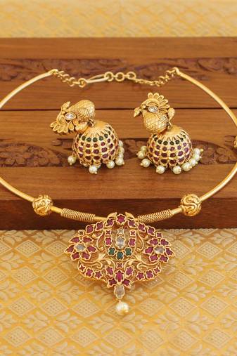Gold plated real kempu temple necklace set