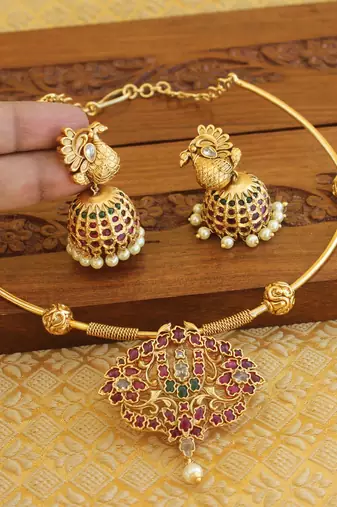 Gold plated real kempu temple necklace set