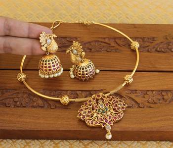 Gold plated real kempu temple necklace set 3
