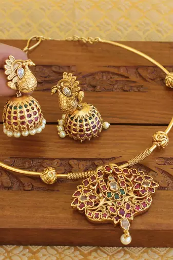 Gold plated real kempu temple necklace set
