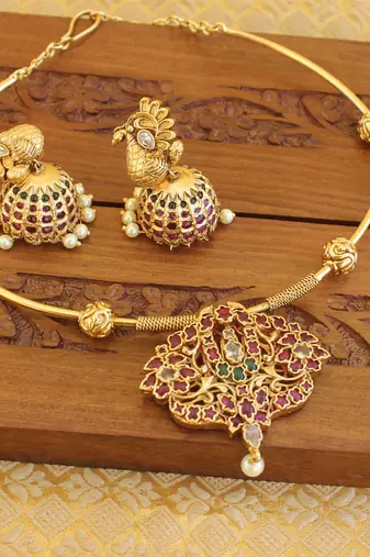 Gold plated real kempu temple necklace set