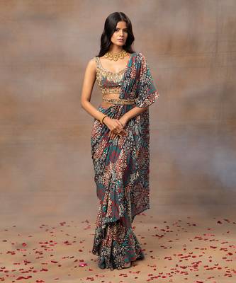 Green printed embroidered ruffle saree and belt set 1