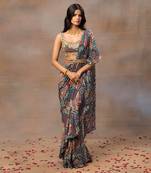 Green printed embroidered ruffle saree and belt set