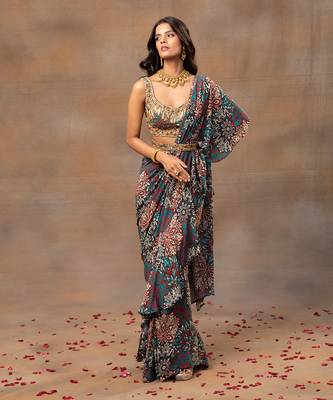 Green printed embroidered ruffle saree and belt set 2
