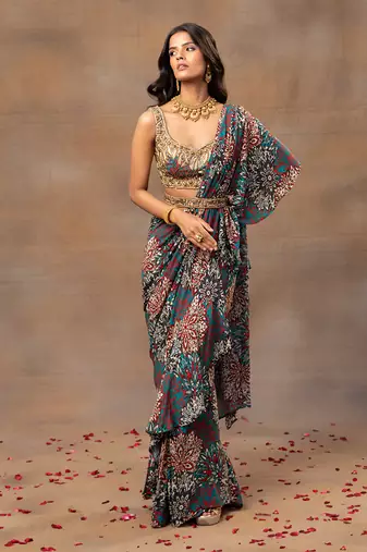 Green printed embroidered ruffle saree and belt set