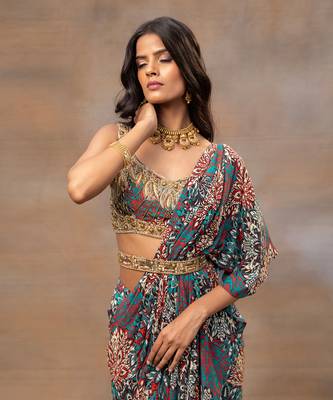 Green printed embroidered ruffle saree and belt set 3