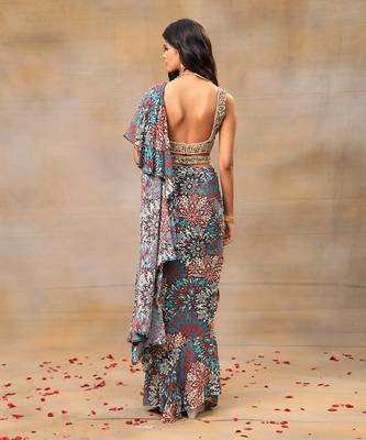 Green printed embroidered ruffle saree and belt set 4