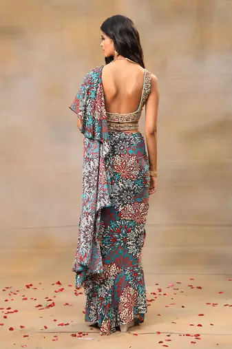 Green printed embroidered ruffle saree and belt set
