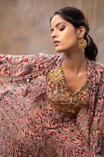 Ivory printed sharara cape set