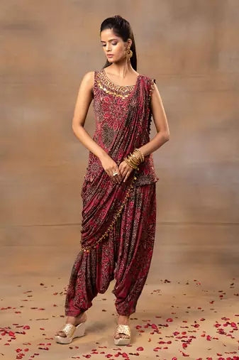 Pink embroidered draped dhoti set