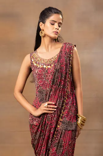 Pink embroidered draped dhoti set