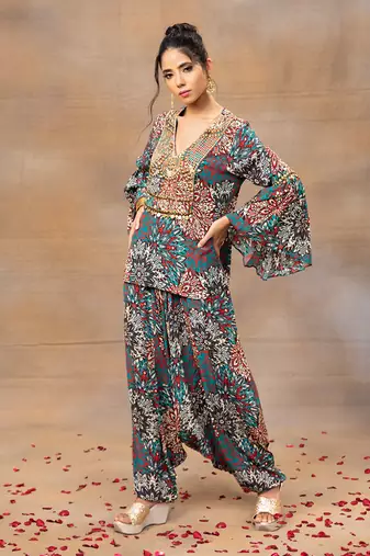 Green printed dhoti set