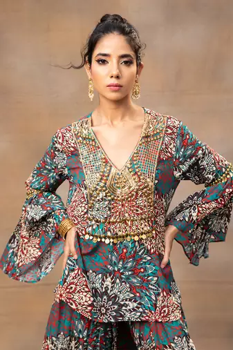 Green printed dhoti set