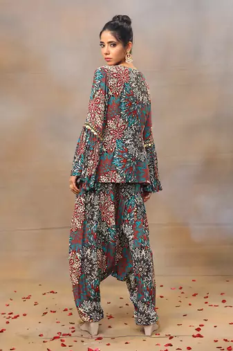 Green printed dhoti set