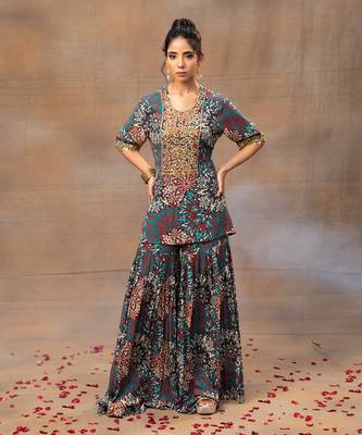 Green printed sharara set 1